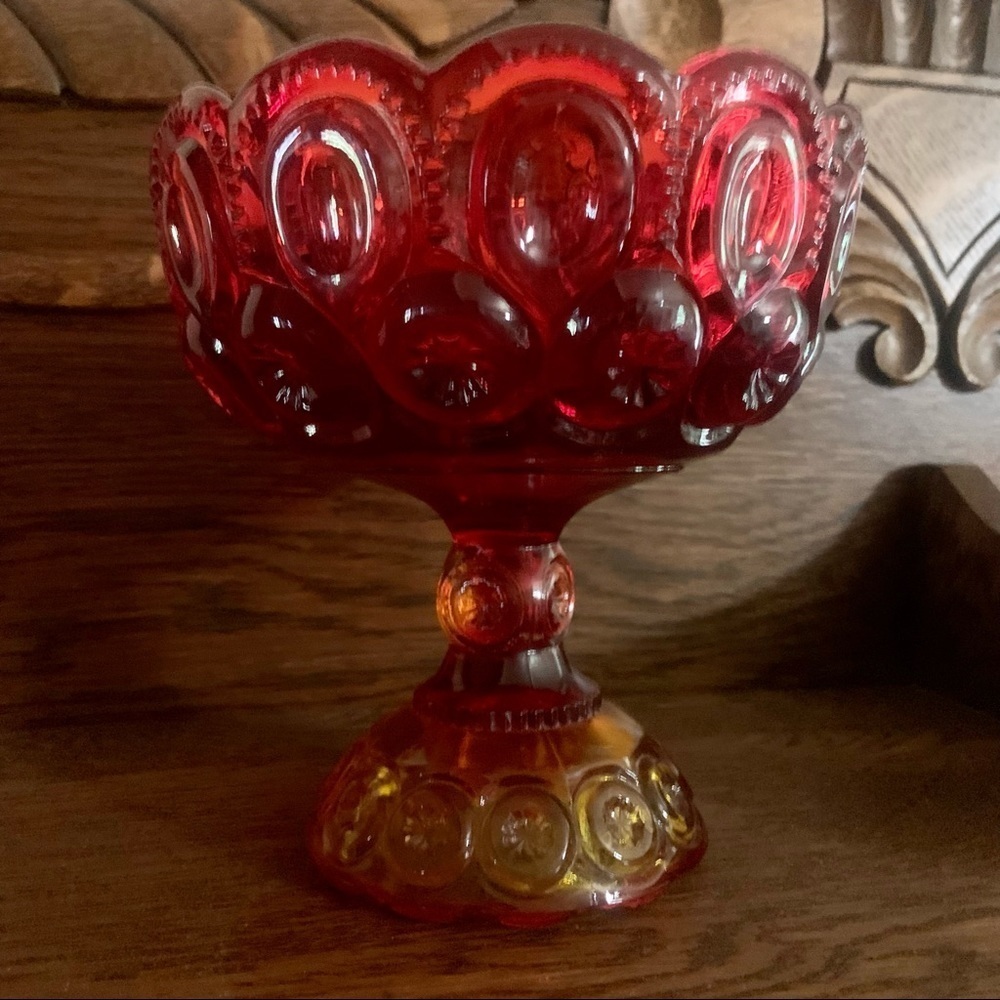 Vintage Mid Century Modern Moon & Stars Red Amberina Glass Round Pedestal Bowl - Picture 3 of 11